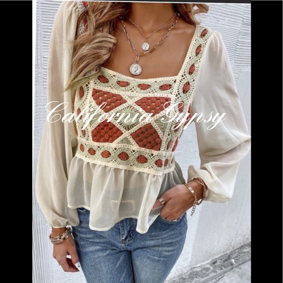 Chic Chiffon Crochet Knit Blouse - Picture 3 of 14